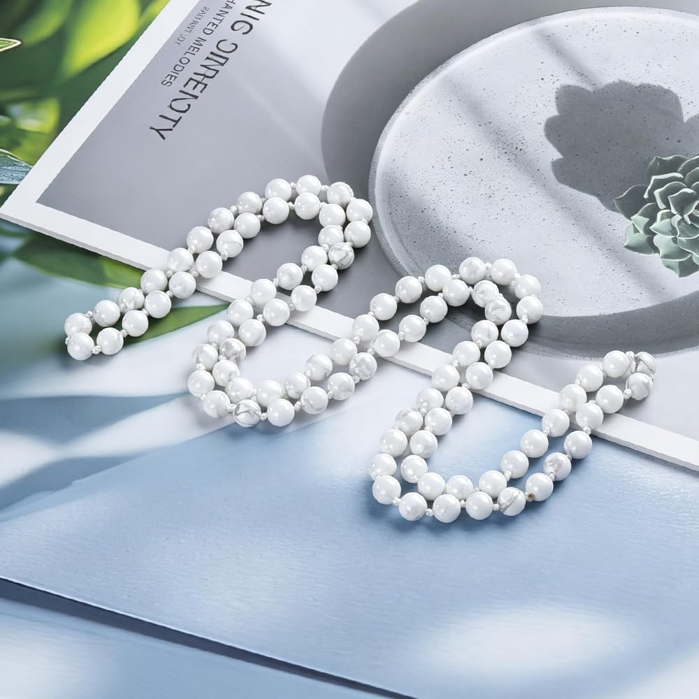 99 White Turquoise Beads Boho Long Beaded Necklaces for Women Men (White Turquoise)