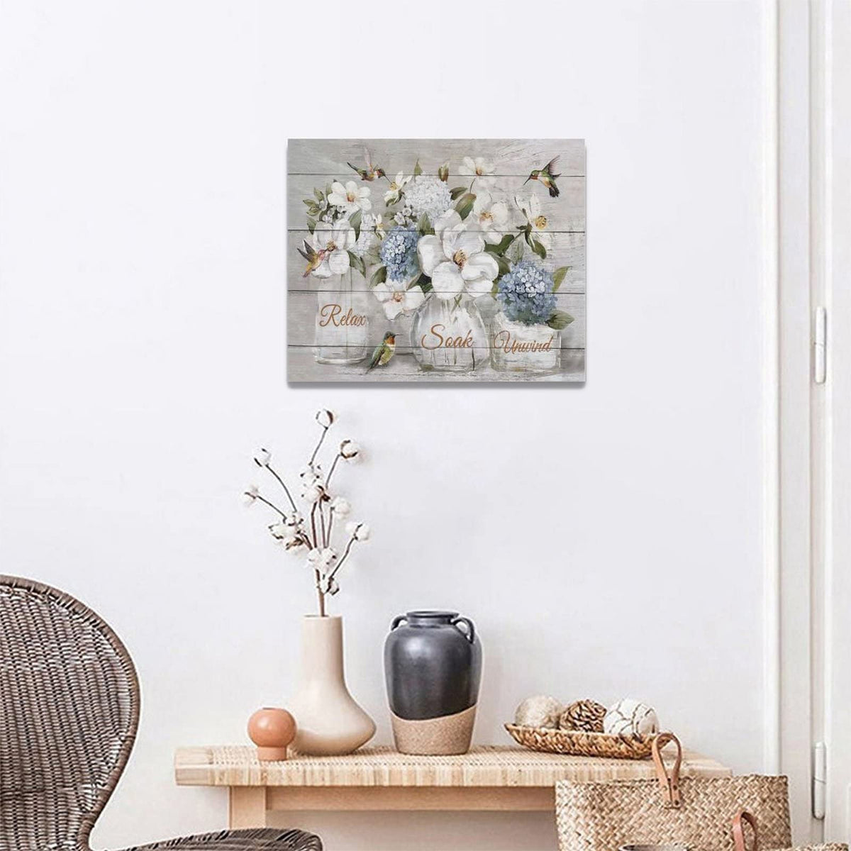 Farmhouse Flower Bathroom Decor Wall Art Rustic Hummingbird White Floral Pictures Wall Decor Relax Soak Unwind Bathroom Sign Canvas Painting Prints Artwork Home Decorations Framed for Bedroom 20"x16" (White Flower / 20"L x 16"W)