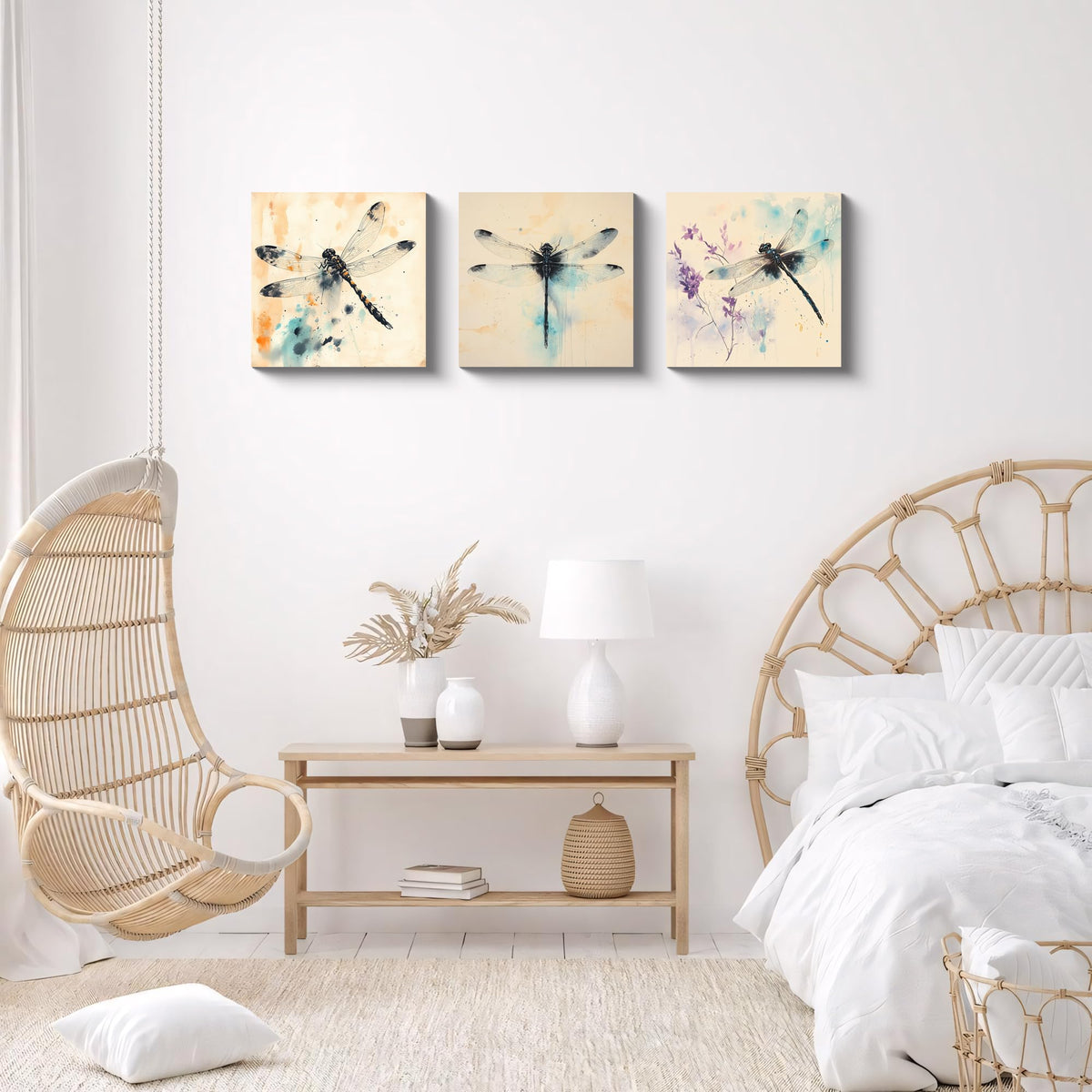 3Pcs Dragonfly Watercolor Wall Art Modern Nature Insect Floral Canvas Print Minimalist Teal Orange Black Ink Blue and Purple Splash Artwork Elegant Home Decor Living Room Bedroom Office (Watercolor Dragonfly / 12x12 inches (3 pieces))