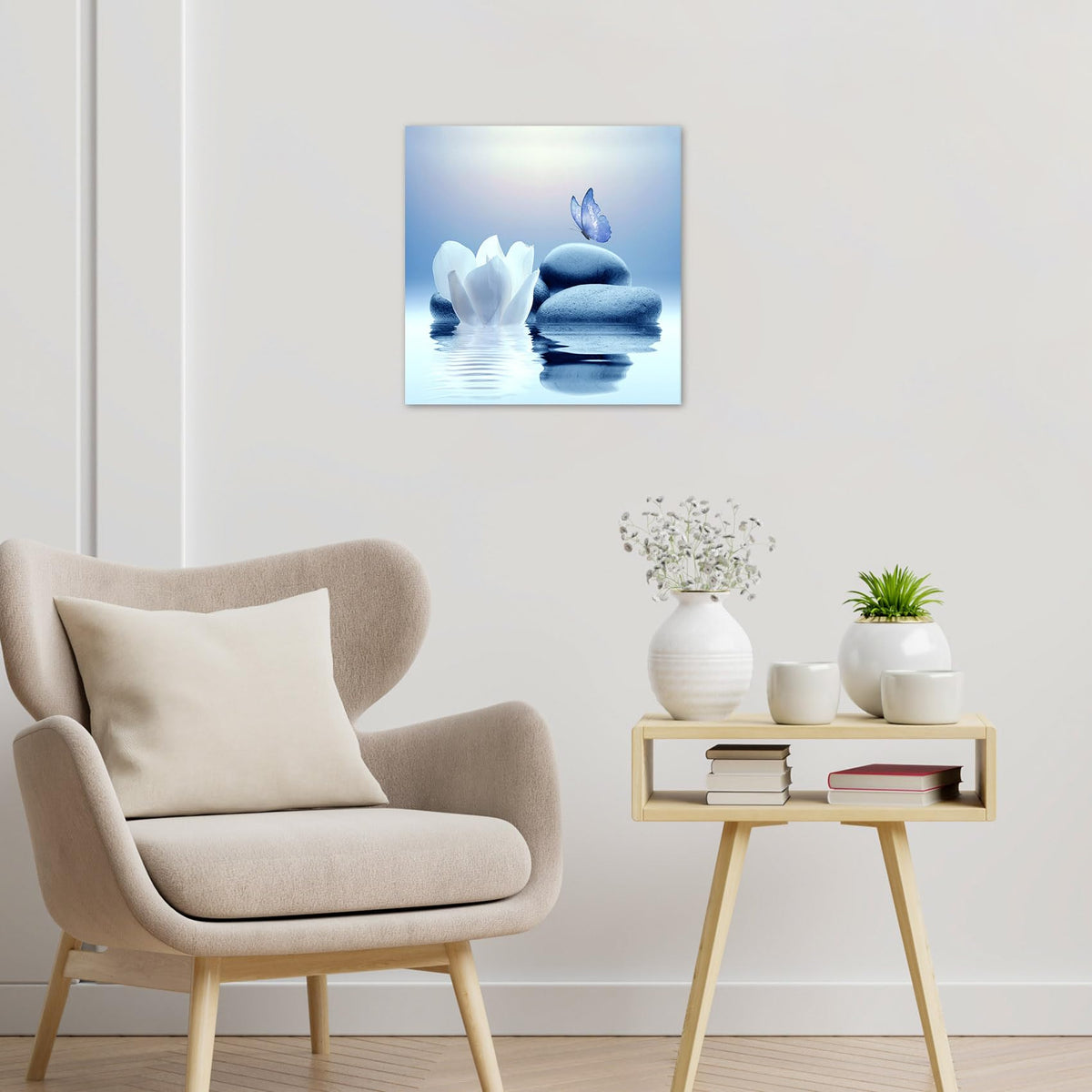 Zen Canvas Wall Art Blue Floral and Butterfly on Stone Framed Wall Art for Bathroom Living Room Bedroom Modern Spiritual Yoga Spa Picture Canvas Art Wall Decor (12"L x 12"W / Blue)