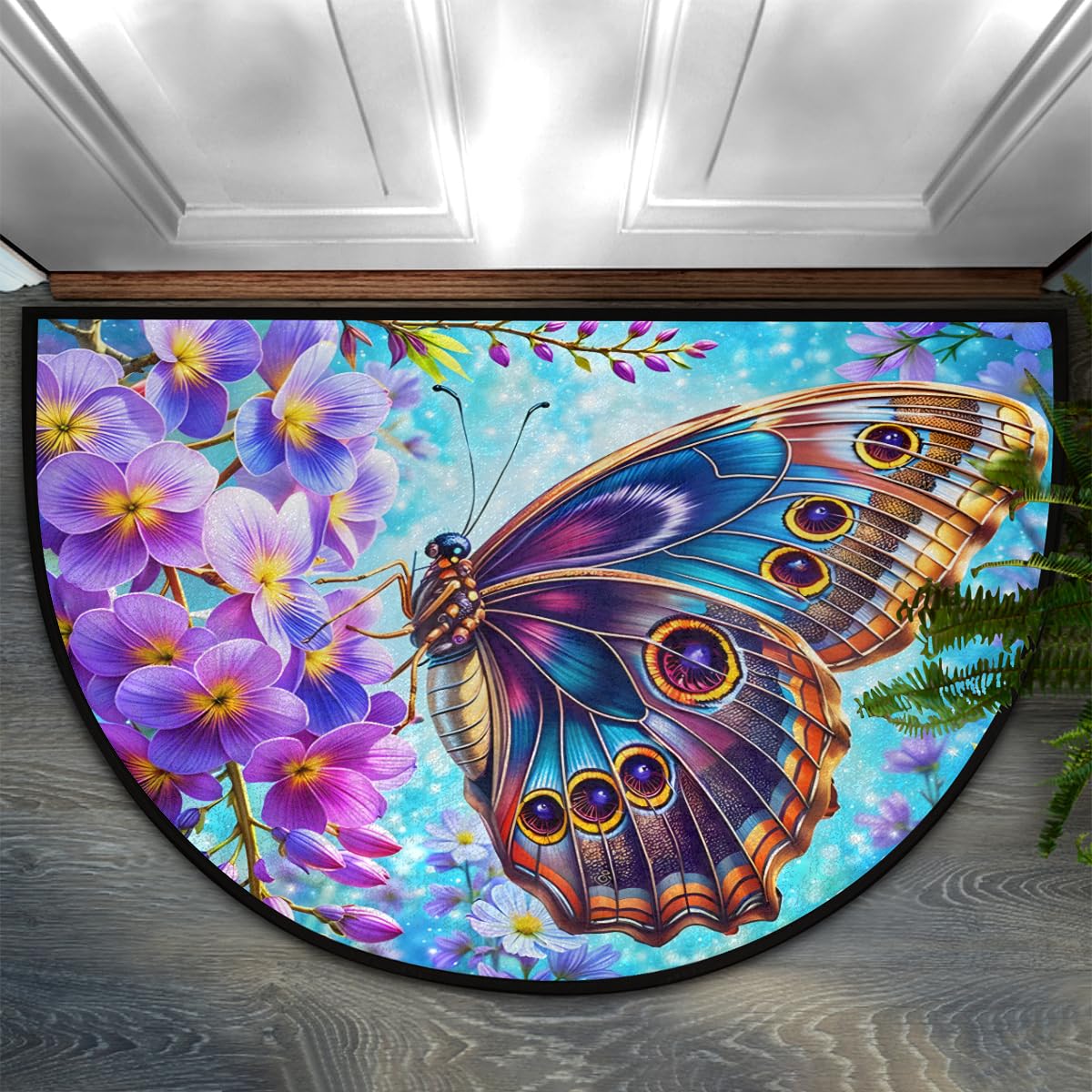 Colorful Butterfly Purple Flower Half Round Mat Half Moon Door Rug Washable Durable Semi Circle Carpet Floor mats for Indoor Outdoor Bathroom Kitchen Patio Hearth Rug Laundry Room Home Decoration (D 030)