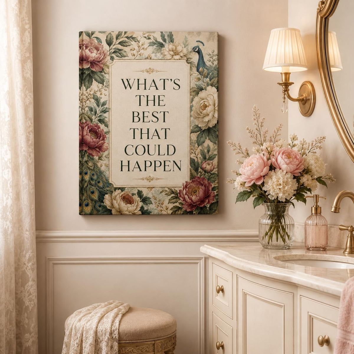 Peacock Floral Framed Canvas Wall Art Vintage Botanical Decor 12x16 Inches (Peacock Floral / 16"L x 12"W)