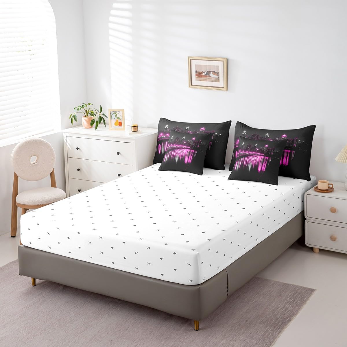 Golden Gate Bridge Comforter Set with Sheets Twin Size Kids Nightscape 7 Piece Bedding Set All Season Teens City Scenery Bed in A Bag Breathable Soft Lightweight Black Purple Room Decor (Carbon Black Purple / Twin)