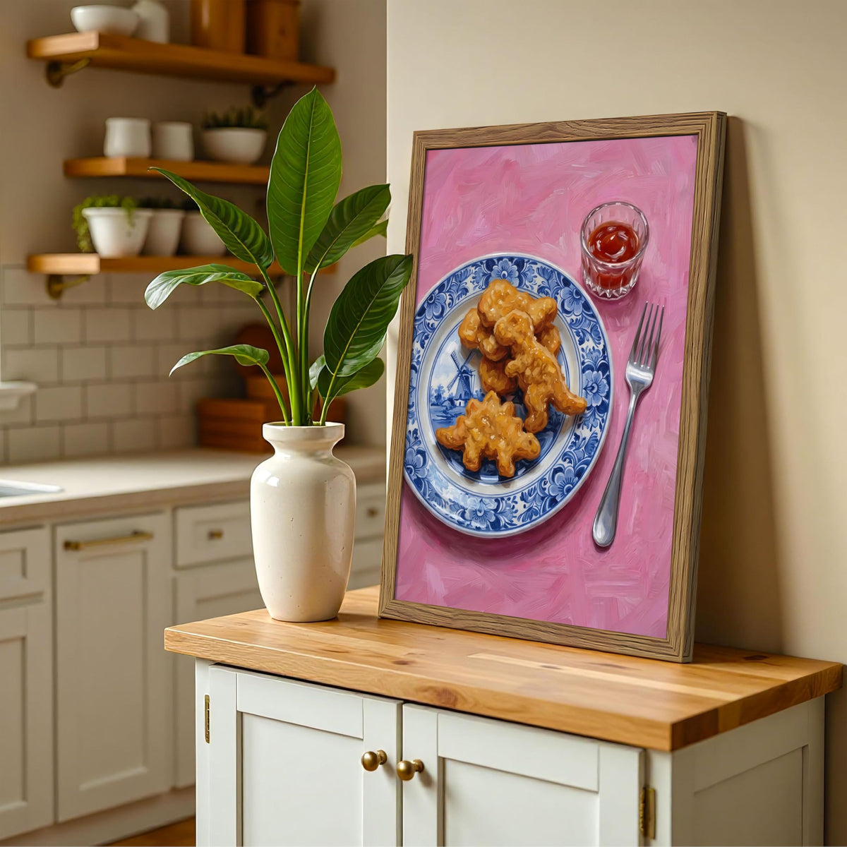 Framed Funny Kitchen Wall Art (Dinosaur Chicken Nuggets / 24"L x 16"W)