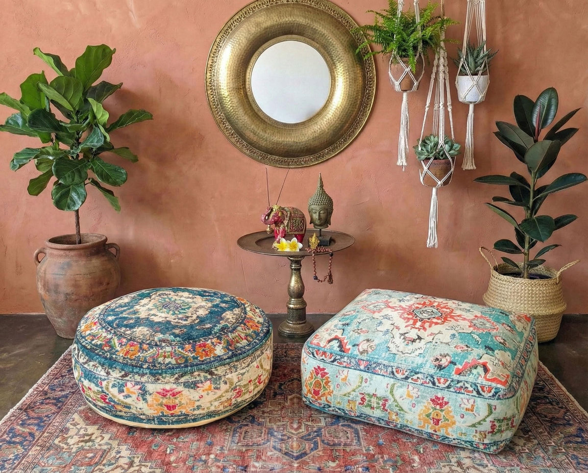 Moroccan Floor Pillow Cover Blue Round Floor Cushion Boho Room Décor Moroccan Seating Area Perfect Pouf Ottoman for Living (24x8 Cover Only / Blue)