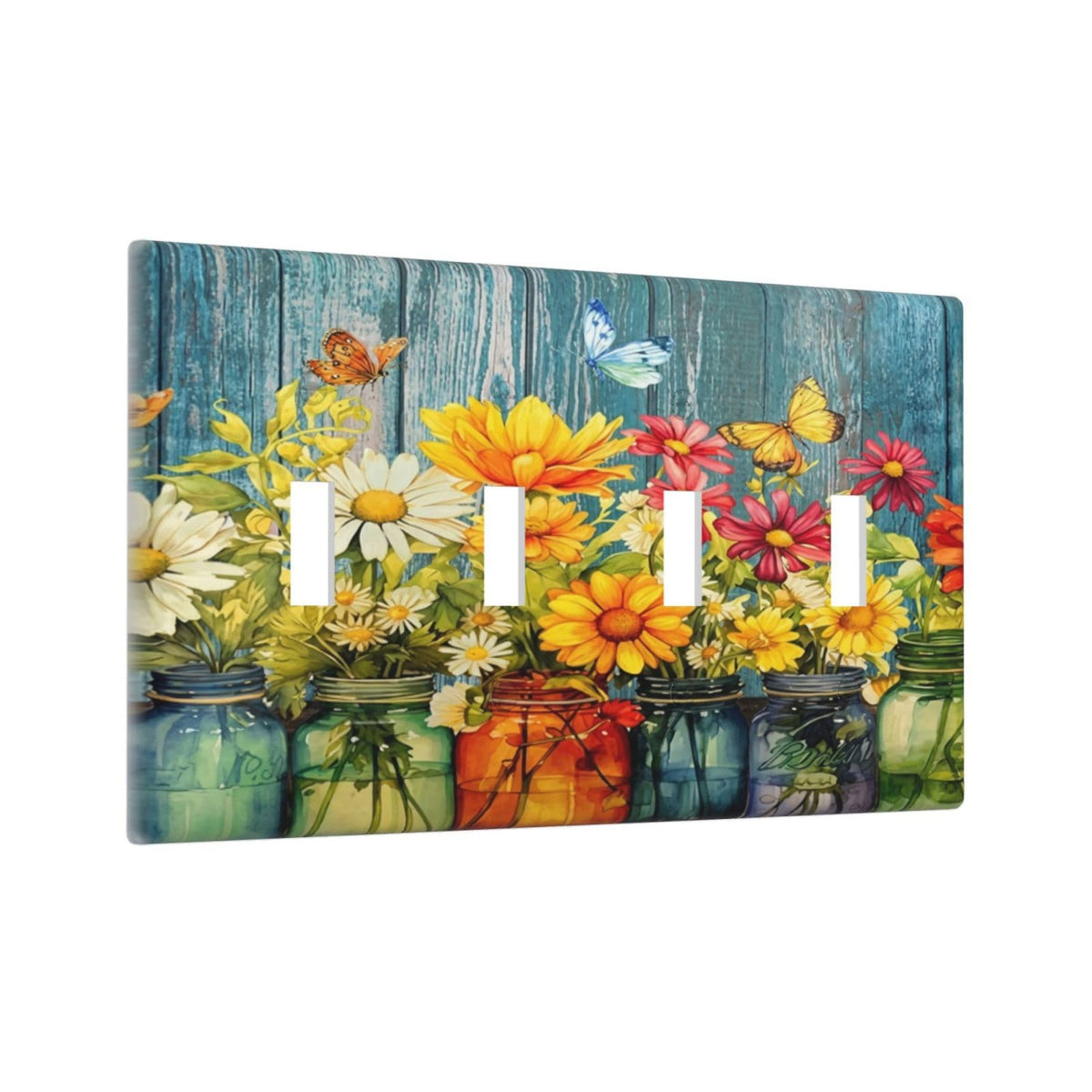 Country Rustic Daisy Flower Butterfly Decorative 4 Gang Quad Toggle Light Switch Cover Plate Decorative Electric Quadruple Device Faceplate Switchplate Screwless (Country Rustic Daisy Flower Butterfly / 4 Gang Quad Toggle)
