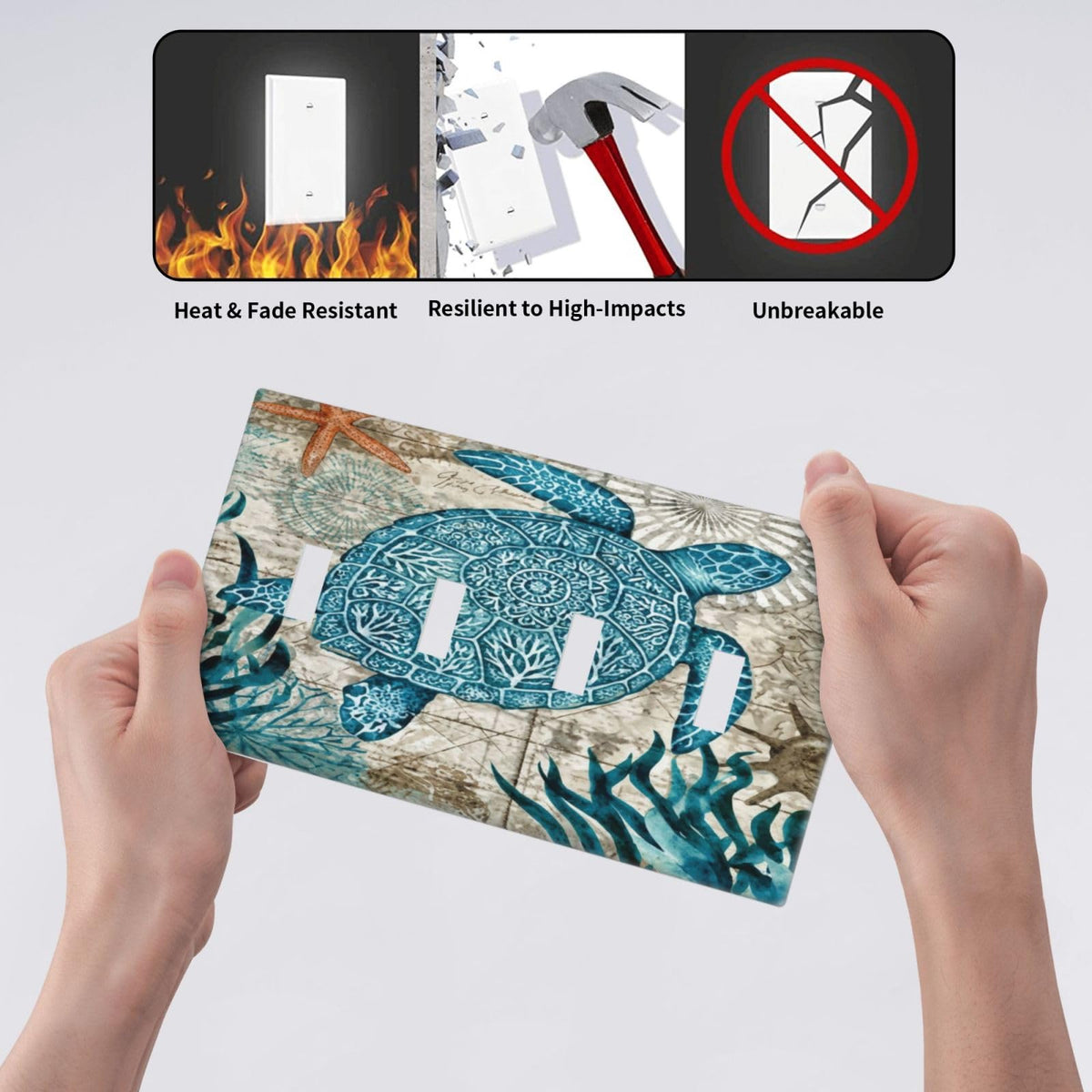 Nautical Beach Turtle Coastal Decorative 4 Gang Quad Toggle Light Switch Cover Plate Decorative Electric Quadruple Device Faceplate Switchplate Screwless (Nautical Beach Turtle Coastal / 4 Gang Quad Toggle)
