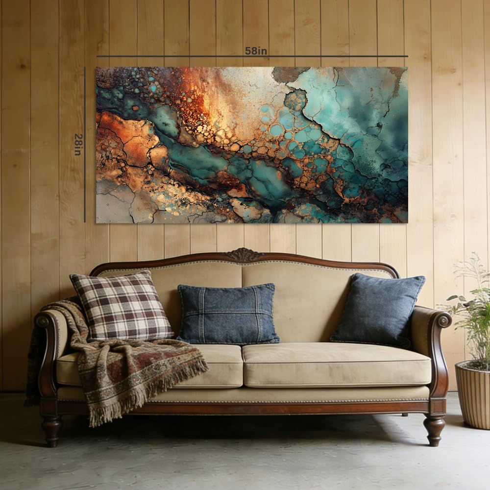 Turquoise Faux Marble Texture Canvas Wall Art Abstract Painting Print Gallery Wrapped Modern Fluid Geode Artwork for Living Room Bedroom Bathroom Decor (Abstract / Orange Abstract Fluid Art 9 / 58"L x 28"W)