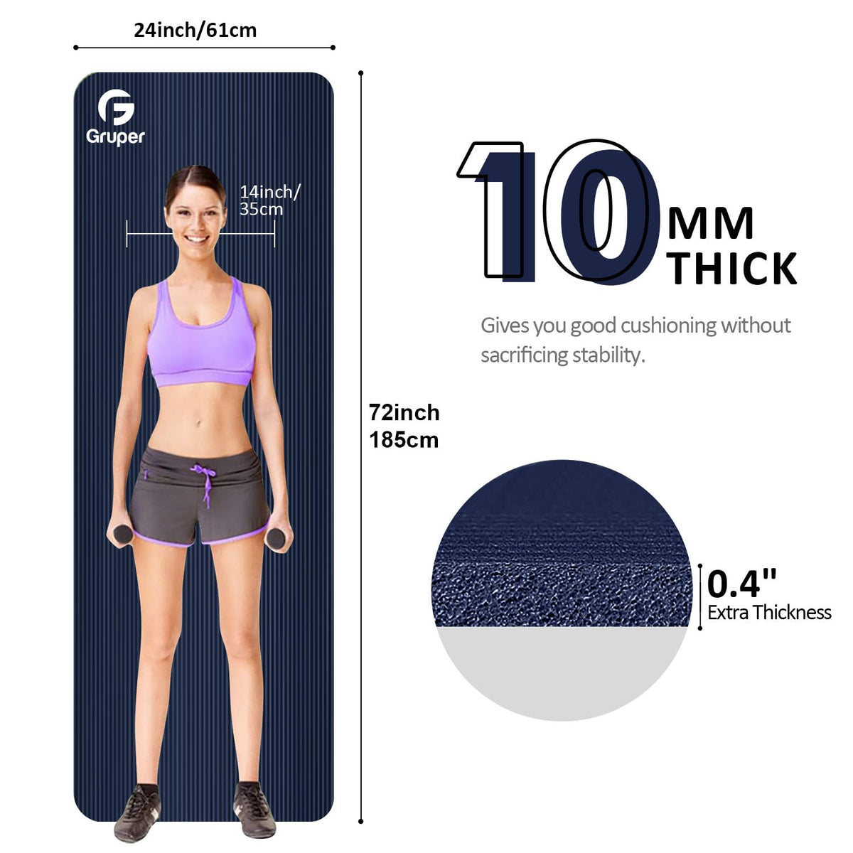 Thick Yoga Mat Non Slip (Navy Blue / 72 x 24 x 0.4 inches)