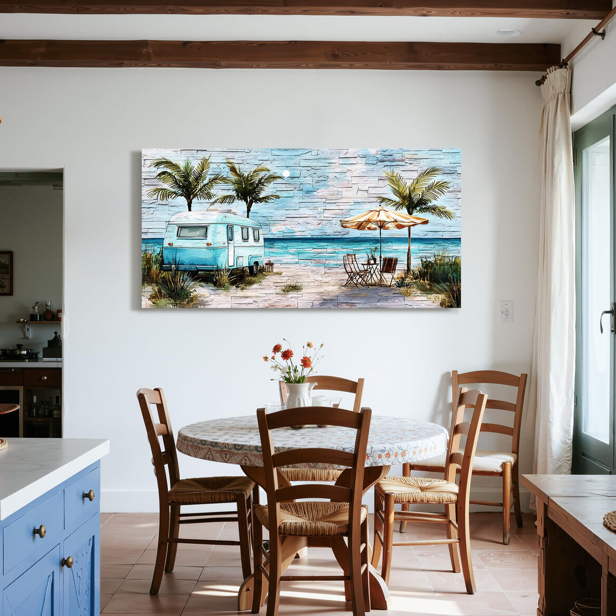 Blue Coastal Wall Art Extra Large Watercolor Print Beach Decor (Beach Journey / 57"L x 29"W)