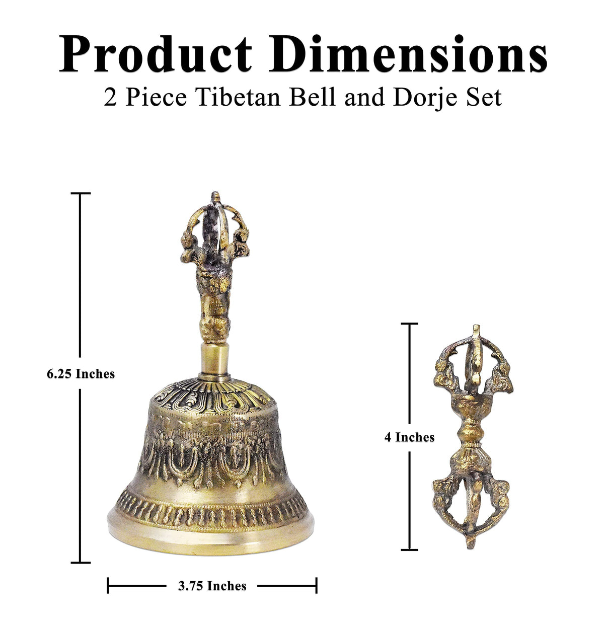 Large Antique Brass Tibetan Bell & Dorje Vajra for Meditation (Brass / Large)