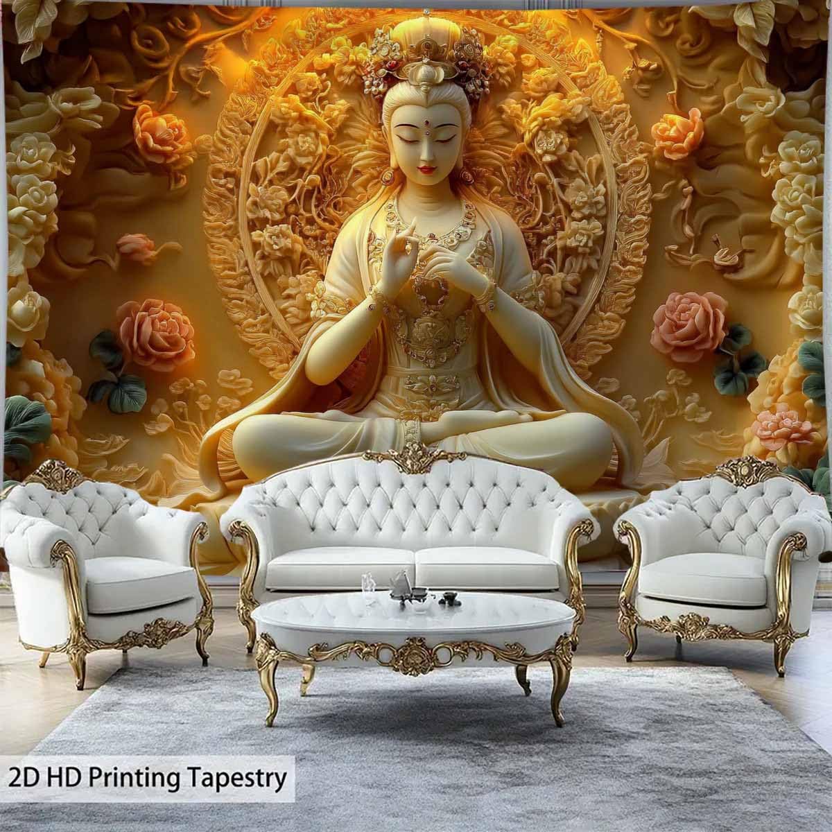 Sitting White Buddha Tapestry Wall Hanging Buddhist Statue With Flower Meditation Wall Decor Zen Art Psychedelic Indian Wall Blanket for Bedroom Living Room Home Decor (White / 59"L x 51"W)