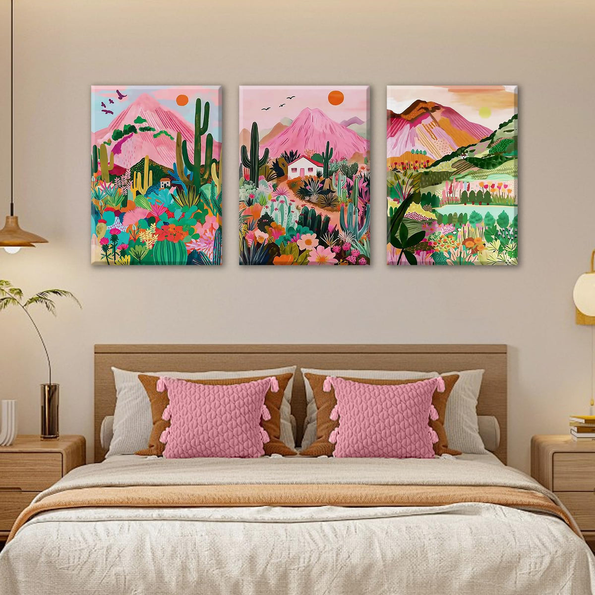 3Pcs Abstract Landscape Wall Art with Vibrant Colors (Pink cactus / 12X16inch)