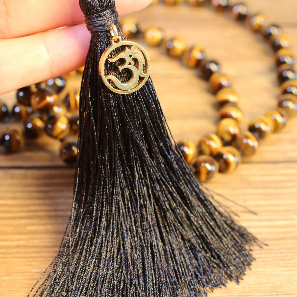 OM Charm Hand Knotted Tassel 108 Mala Beads Tiger Eye Stone Beaded Necklace 8mm (8mm / Tiger eye)