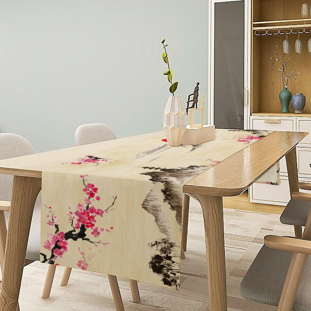 Japanese Cherry Blossom Table Runner Retro Spring Landscape Mountain Plum Floral Tabletop Decor Cover for Holiday Dining Room Party 13x120 Inch (13x120inch / Plum-1)