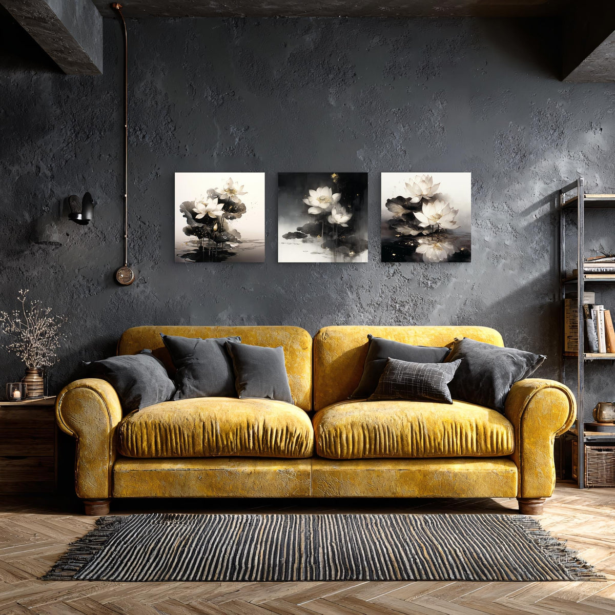3Pcs White Lotus Flowers Canvas Wall Art Gold Leaf Ink Wash Zen Botanical Prints Modern Minimalist Floral Prints for Bedroom Bathroom Living Room Decor Nature Artwork Ready to Hang (White Lotus with Golden Accents-1 / 14x14inchx3)
