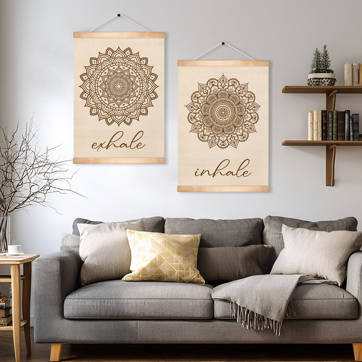 Boho Zen Wall Art Exhale&Inhale Inspirational Poster for Yoga Room Decor (Beige-2)