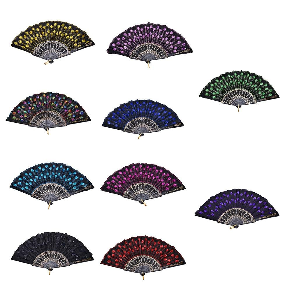 10 PCS Peacock Hand Fans (Embroidered Peacock -10 Pcs)