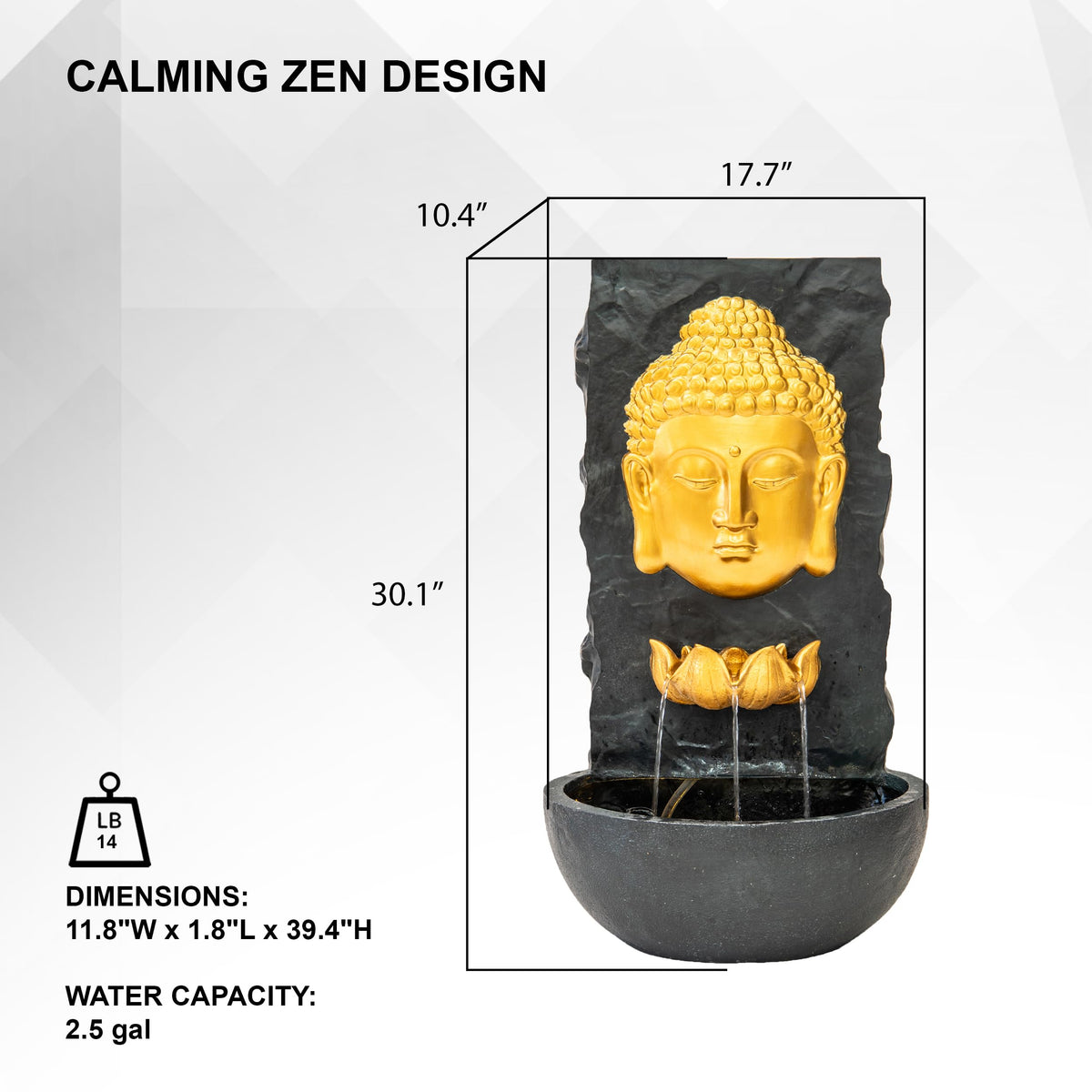 30" H Fiber Resin Wall Buddha Zen Outdoor Garden Water Fountain with Warm LED Light (Gold)