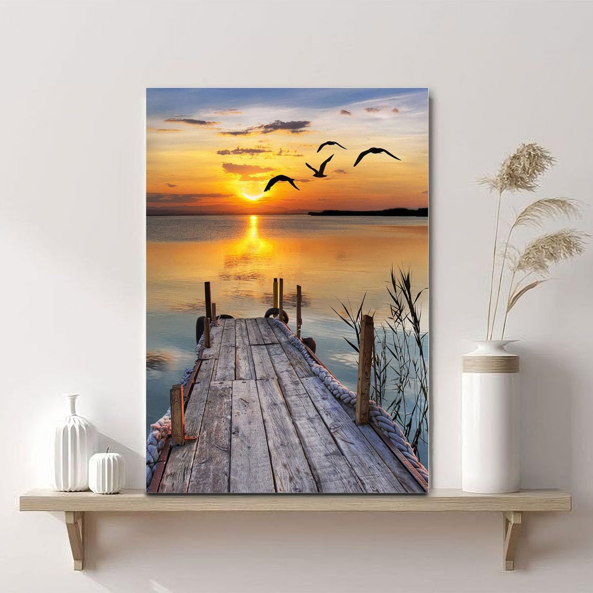 Sunset Wall Art Lakeside Pier Trail Canvas prints Sunset Nature Landscape Painting for Home Living Room Bedroom Office (Sunset Pier / 12X16inch)