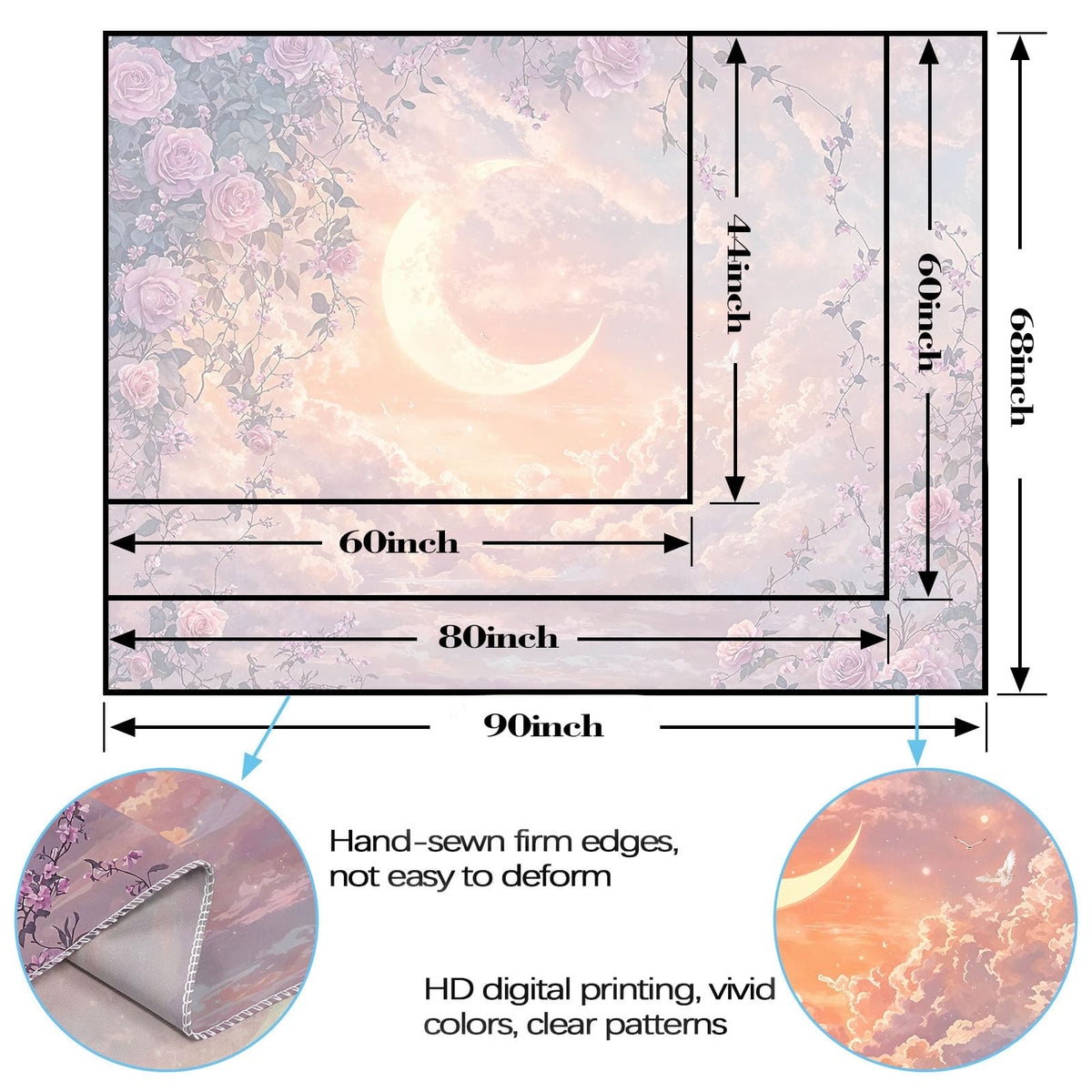 Pastel Rose and Moon Tapestry (80"L x 60"W / Purple Yellow)
