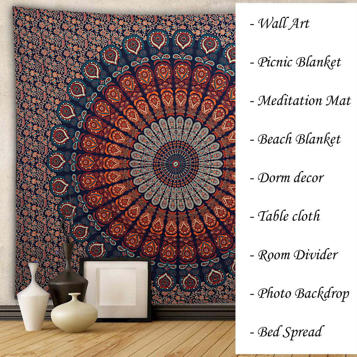 Handmade Cotton Peacock Mandala Tapestry (60"L x 50"W / Golden Blue)