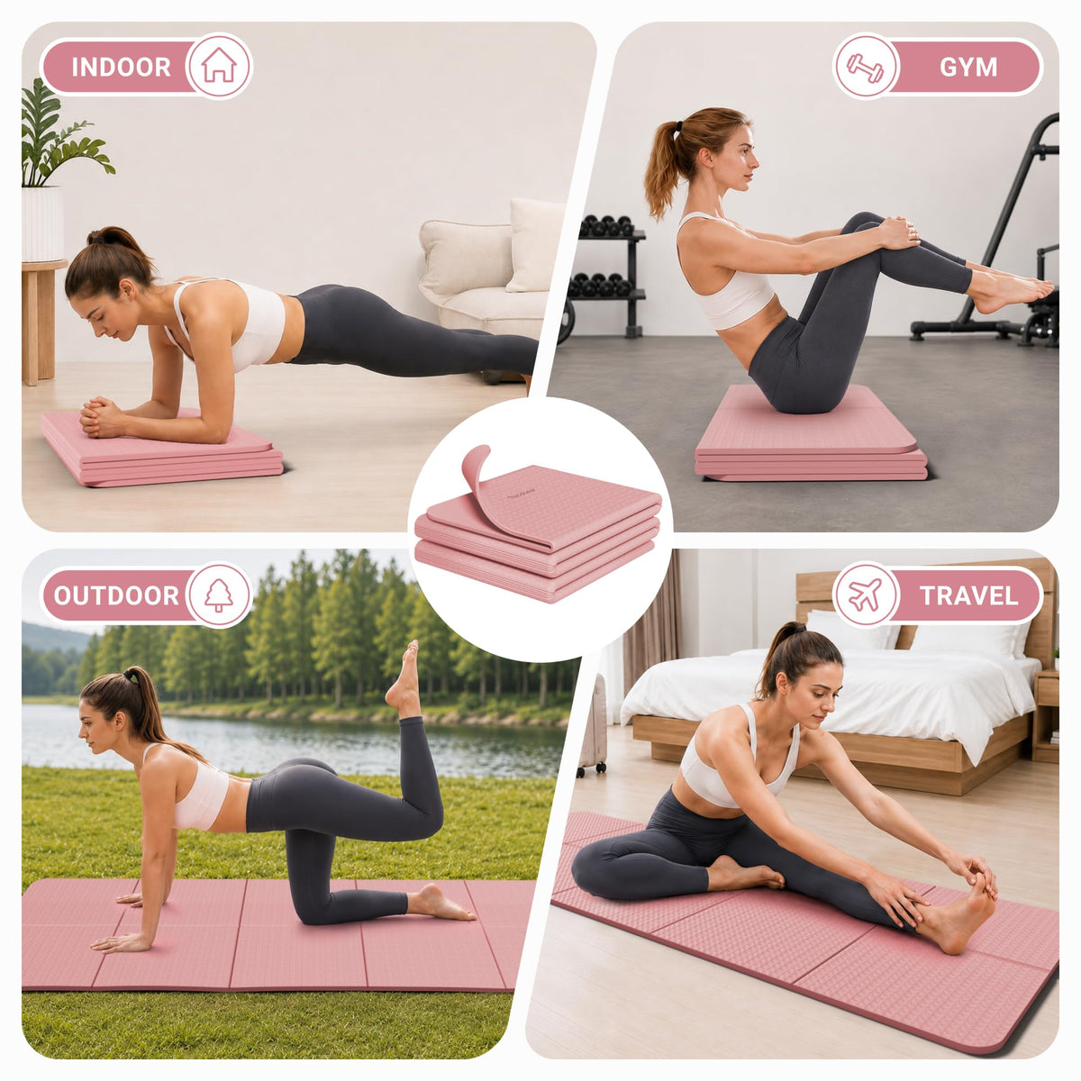 Foldable Yoga Mat for Travel Folding Yoga Mat 6mm Thick with Carrying Bag (Pink)