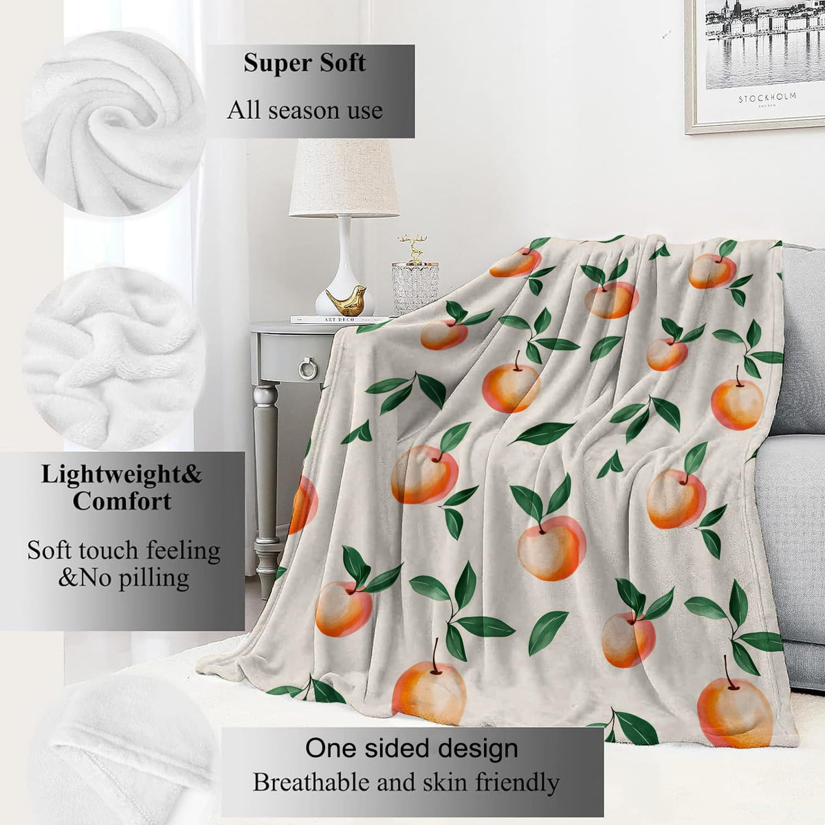 Peach Blanket Fresh and Juicy Fruit Throw Blankets with Green Leaves (40x50in / Peach)