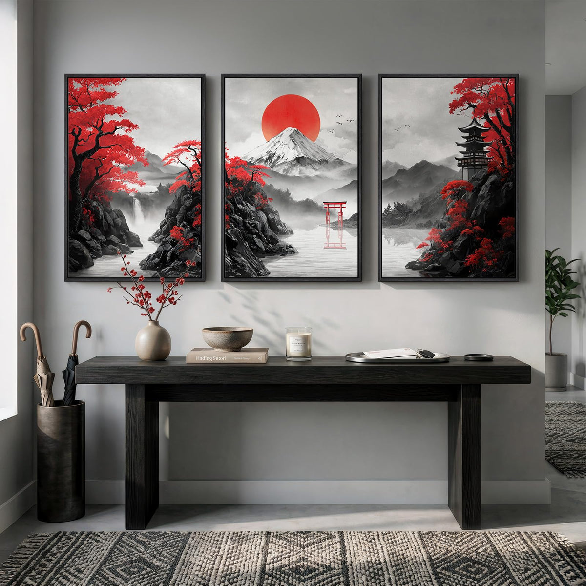 Large Framed Red Japanese Landscape Wall Art for Living Room (Red White / 24"L x 36"W)