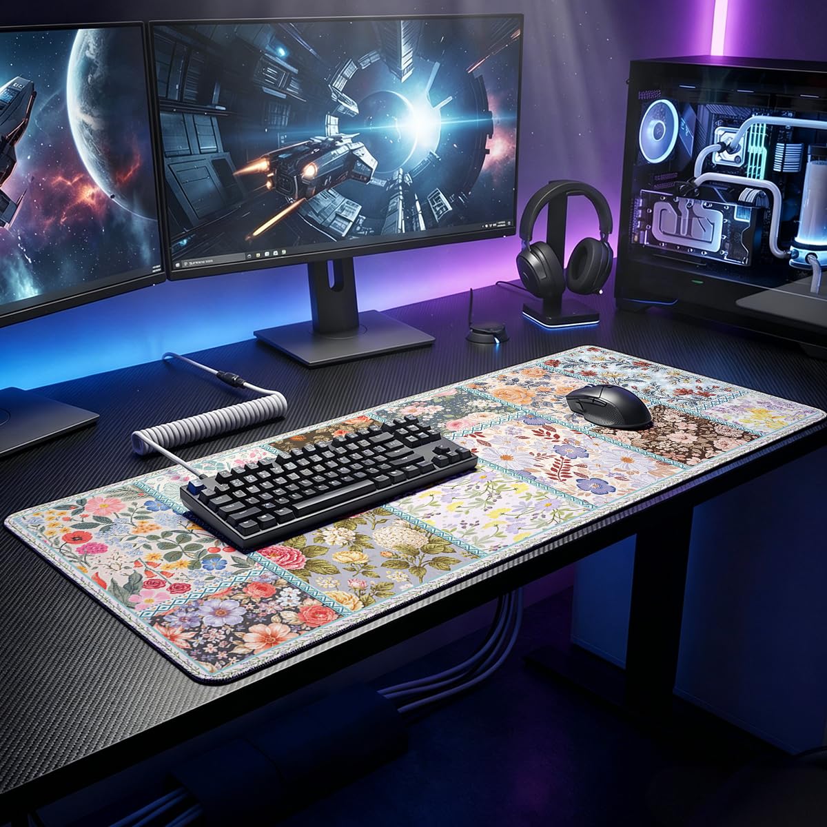 Cottagecore Floral Large Gaming Mouse Pad Patchwork Vintage Flowers Desk Mat (Cottagecore Floral / 31.5L x 11.5W inches)