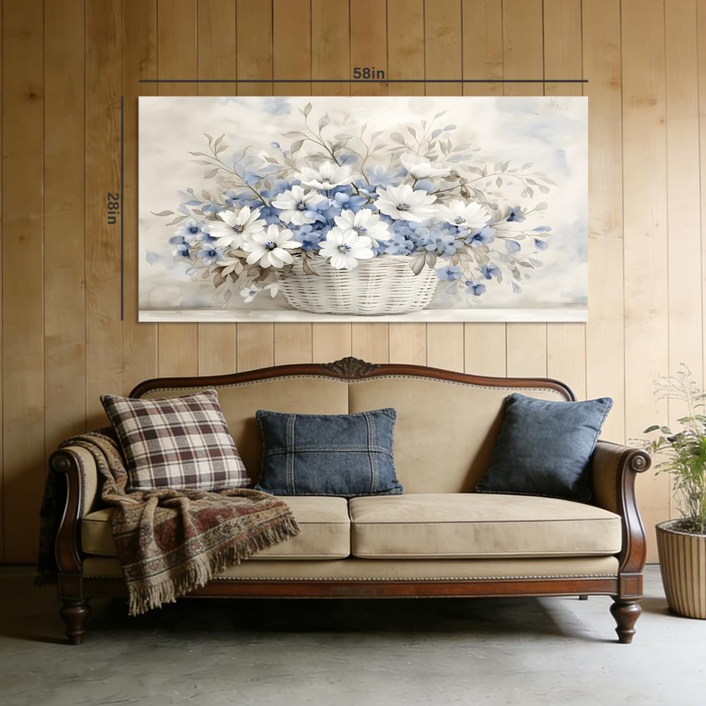 Soft Blue and White Floral Basket Canvas Wall Art Watercolor Botanical Painting Flat Print Gallery Wrapped Calming Soothing Aesthetic Artwork for Living Room Bedroom Bathroom Decor (Bohemian / White Basket of Flowers 1 / 46"L x 23"W)