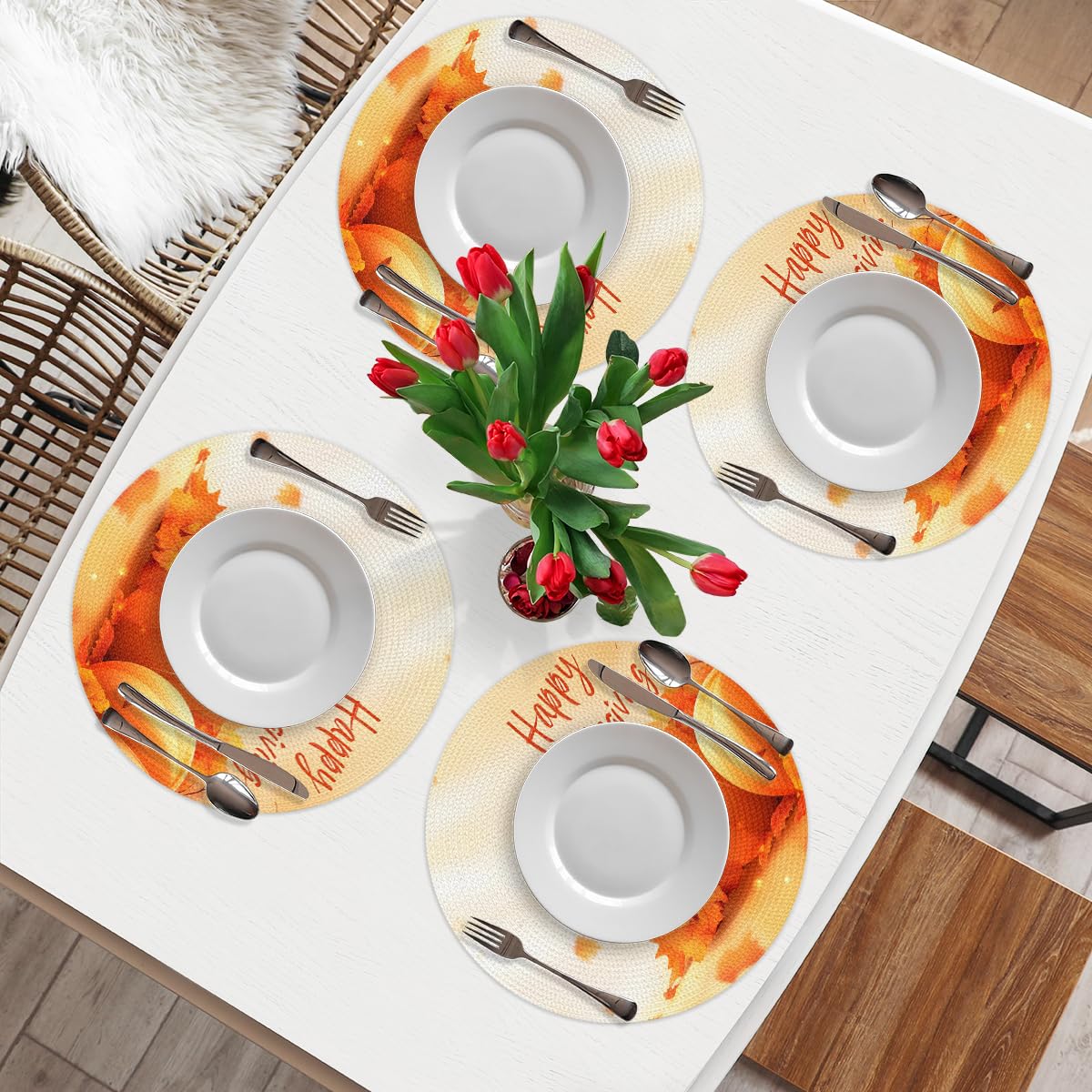 Thanksgiving Pumpkin Round Placemats Set of 4 Woven 15 Inch (B 003 / 4 pieces)