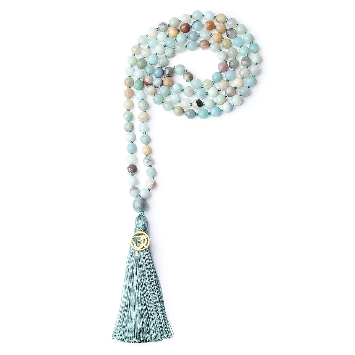 OM Charm Hand Knotted Tassel 108 Mala Beads Amazonite Stone Beaded Necklace 8mm (8mm / Faceted Amazonite)