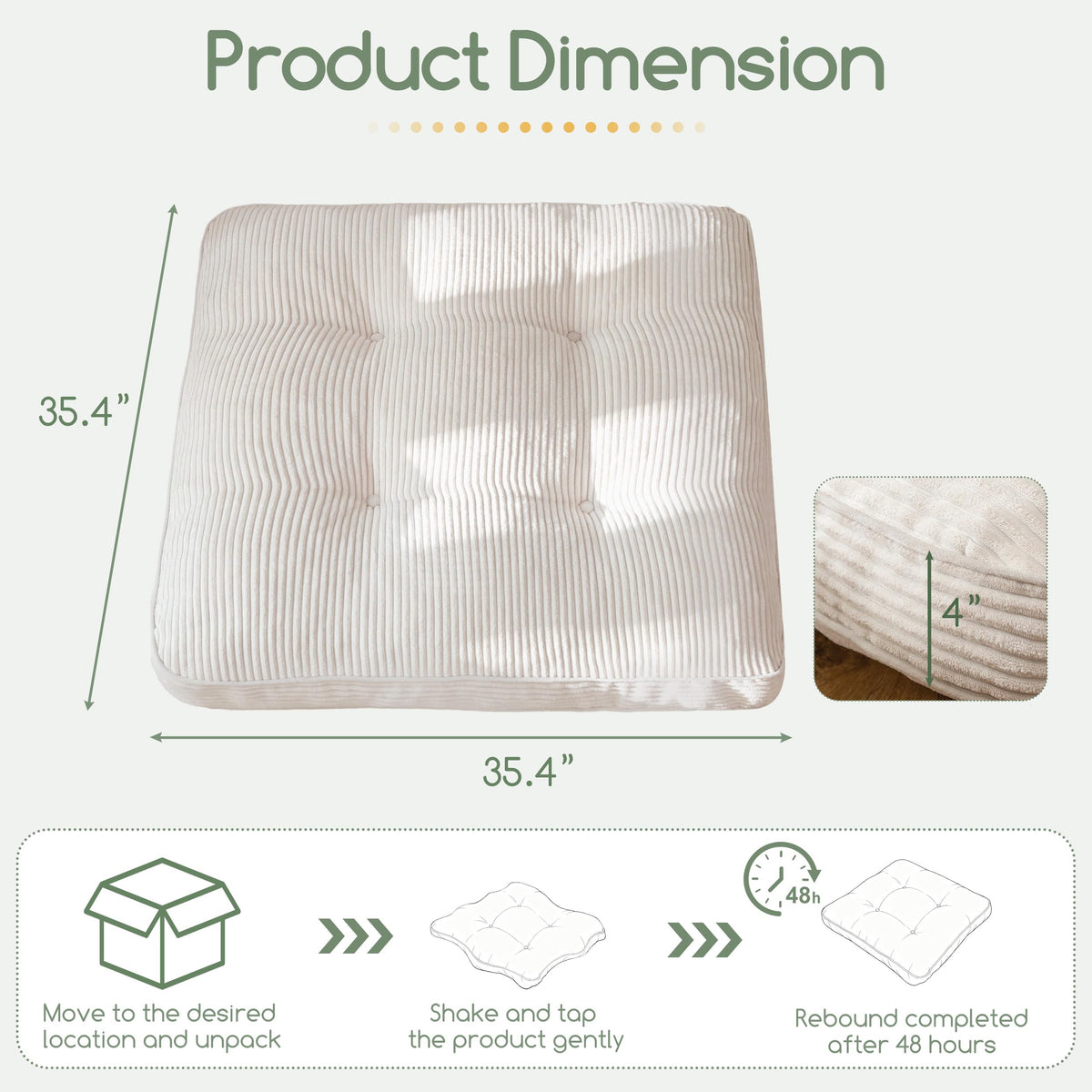 35" Floor Pillow Cushion for Adults (Beige / 4" Thick Square)