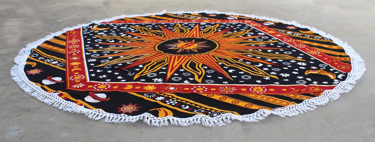 Round Beach Tapestry Turquoise Mandala Throw (3'6" (Round) / Yellow)