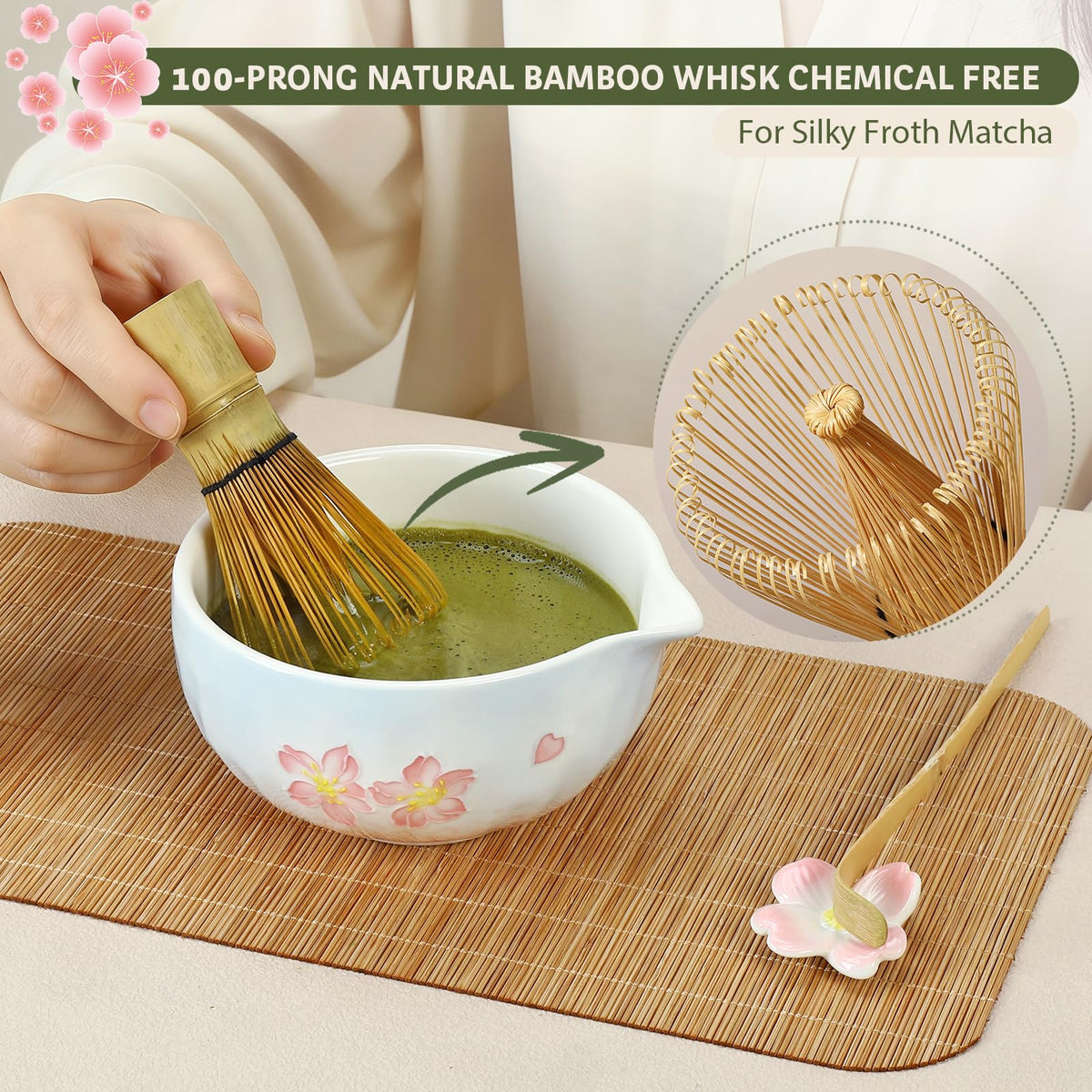 8 Piece Sakura Matcha Set with Pink & Blue Ceramic Bowl and Bamboo Whisk (blue & Pink)