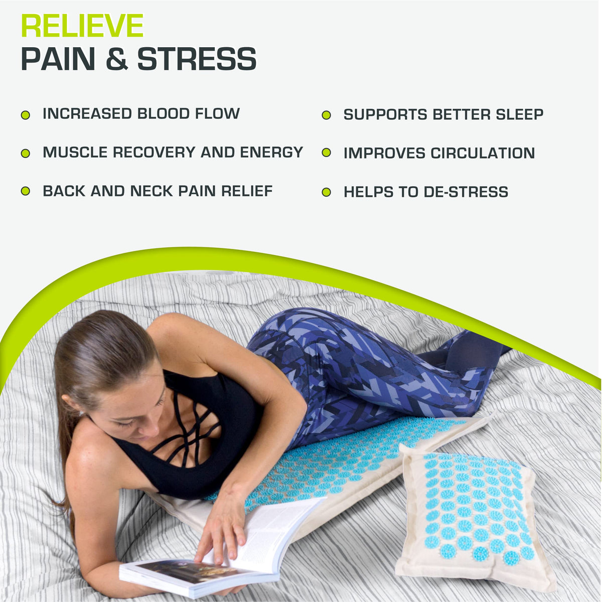 Fit Ki Acupressure Mat and Pillow Set with 100% Natural Linen and Coconut Fiber Filling; Spike Mat for Back and Neck Pain Relief (Natural Aqua)