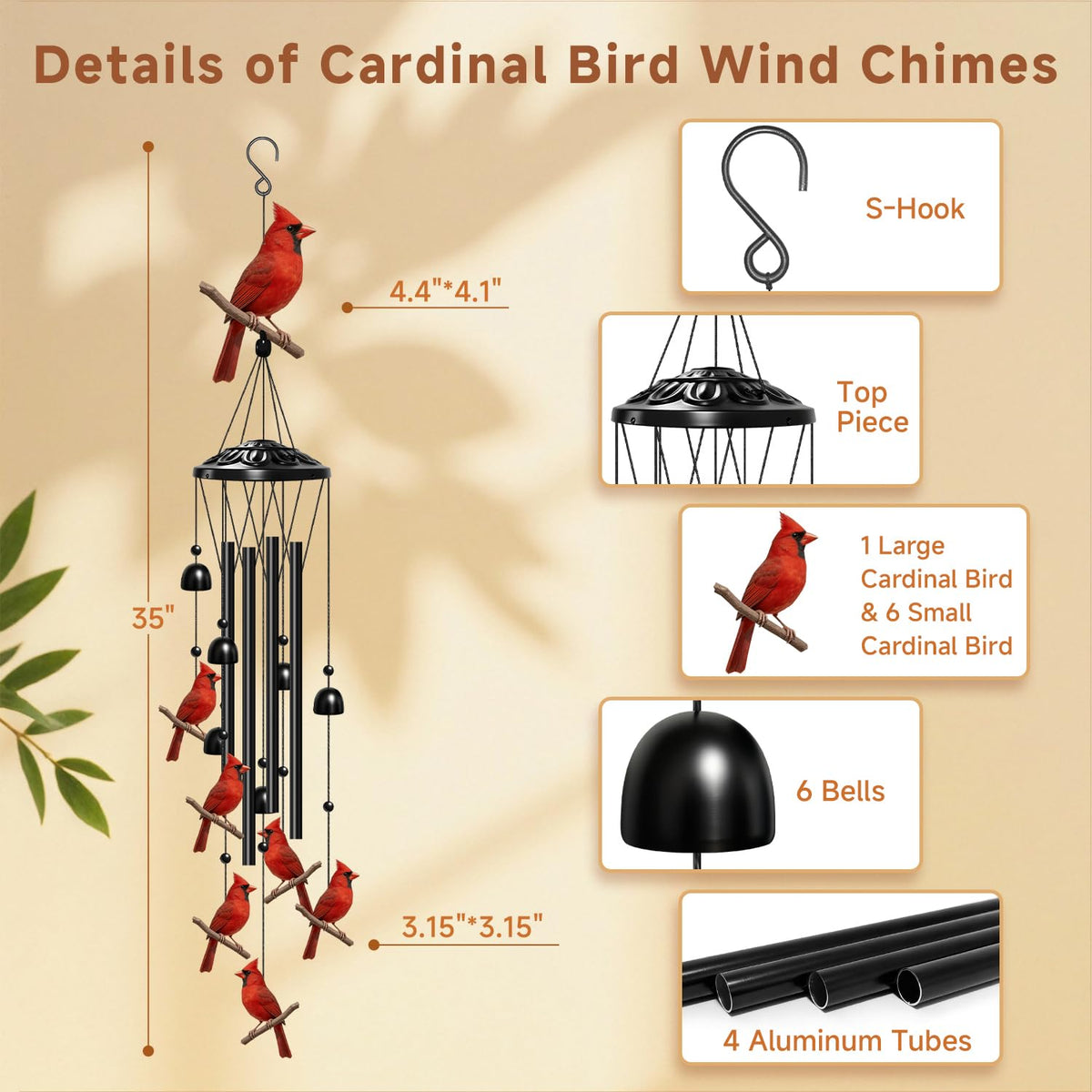 Cardinal Wind Chimes for Outside (Cardinal)
