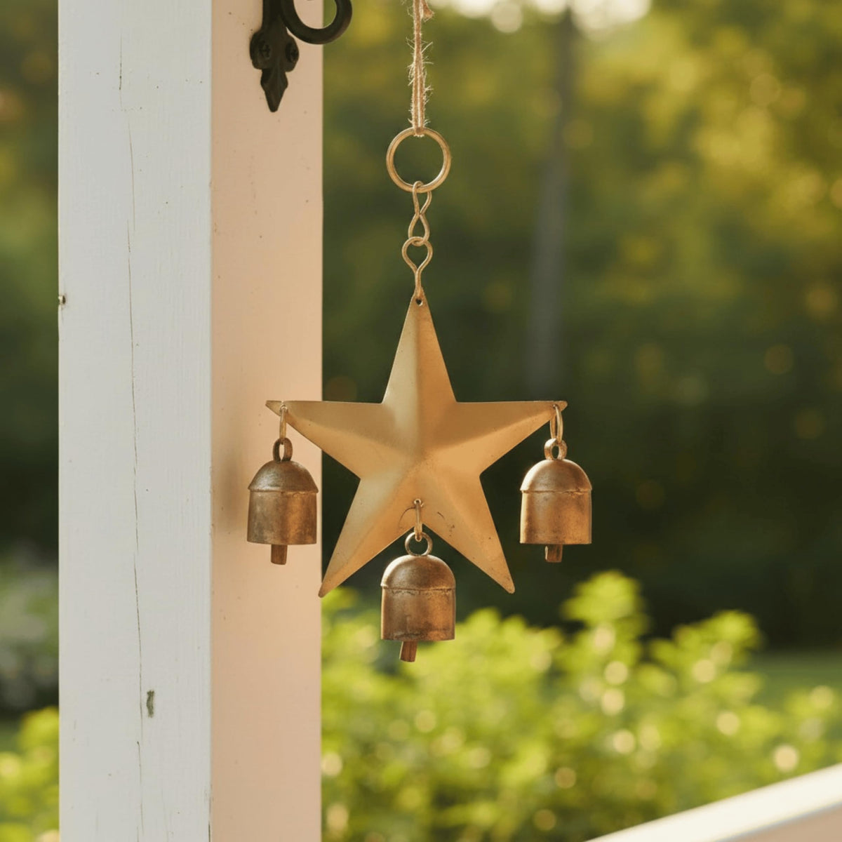 Wind Chime for Outside with 3 Rustic Cow Bells (Golden Star Chime)