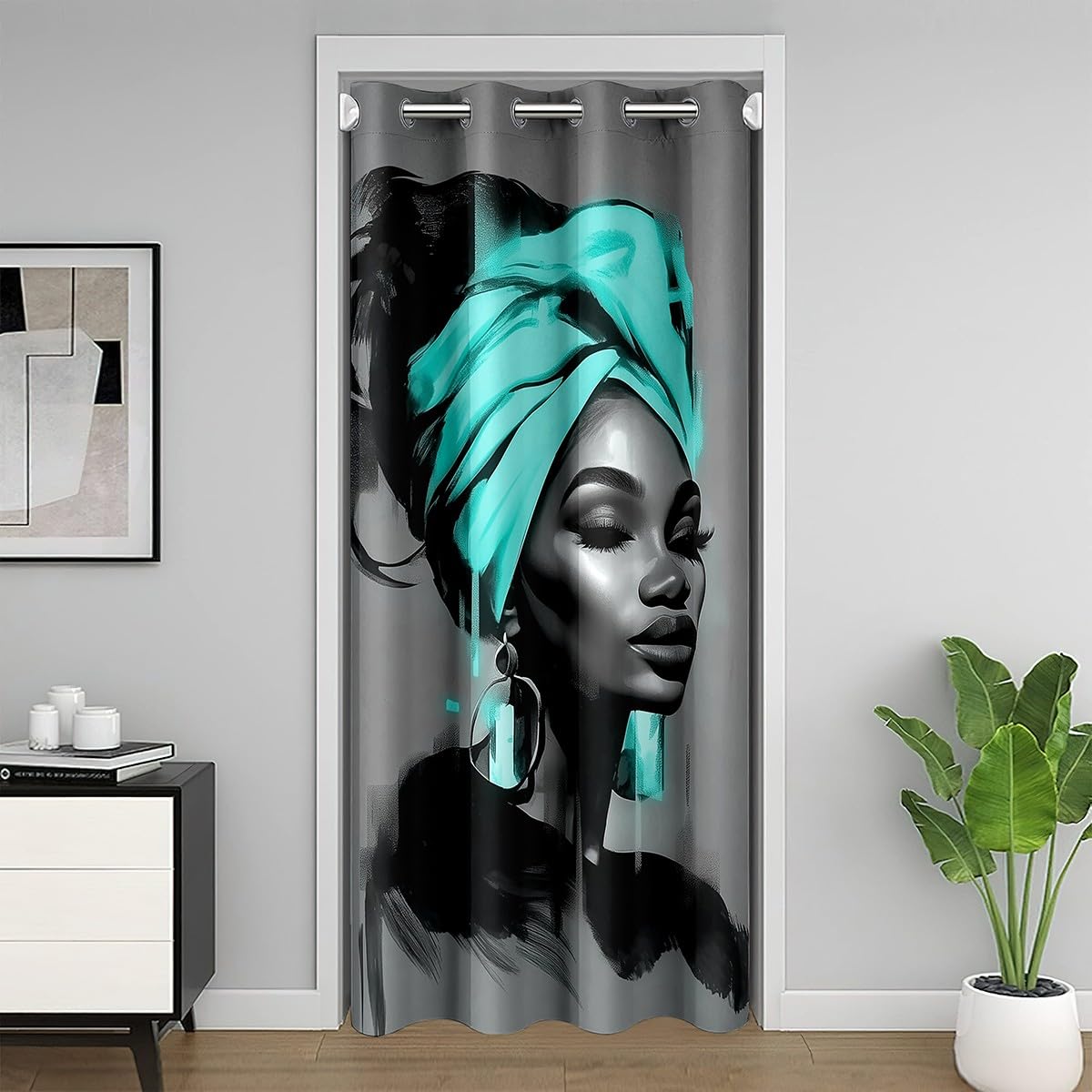 Black Women Door Curtain for Doorway Privacy 42x80 Inch 1 Panel African American Woman Closet Cover Teens Teal Abstract Room Divider Curtain Breathable Soft Lightweight Modern Room Decor (Light Gray Teal / 42"W x 80"L (Pack of 1))