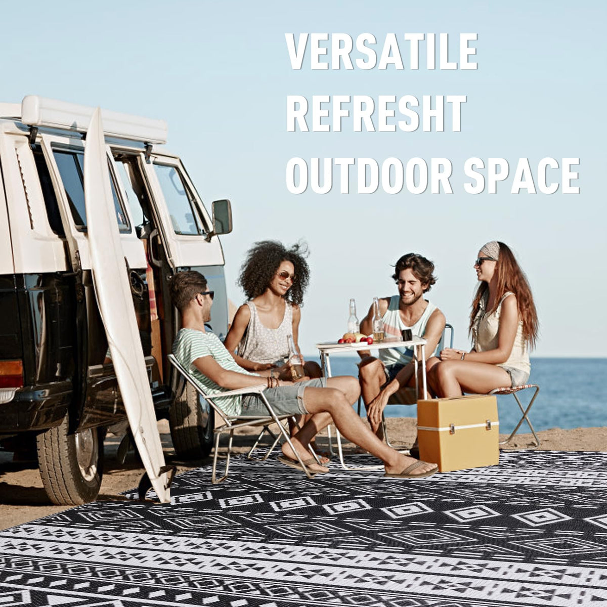 Black and White Tribal Outdoor Rug 6x9 ft Waterproof Mat for Patio RV (White & Black / 6x9 Feet)