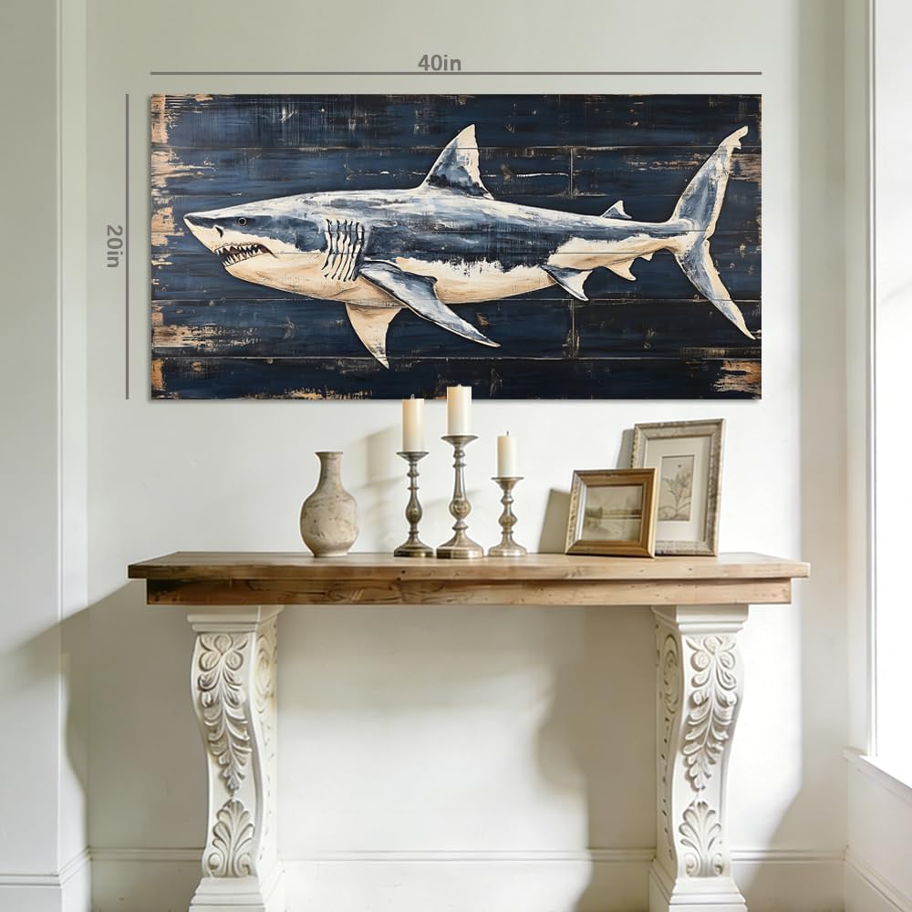 Rustic Great White Shark Canvas Wall Art Faux Wood Plank Painting Flat Print Gallery Wrapped Nautical Coastal Artwork for Living Room Bedroom Bathroom Decor (Retro / Great White Shark 12 / 46"L x 23"W)