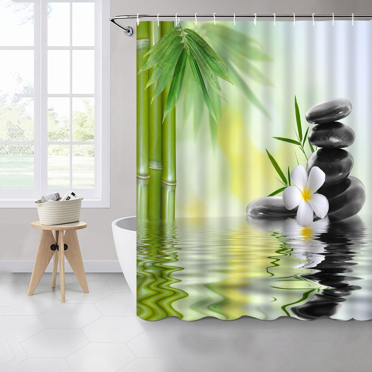 Zen Garden Shower Curtain Spa Green Bamboo Black Stone White Flower Bathroom Decor Supplies Shower Curtains Sets Machine Washable Polyester Fabric 70 x 74.8 Inch with Hooks (Black Green White / 70"W x 74.8"L (Pack of 1))