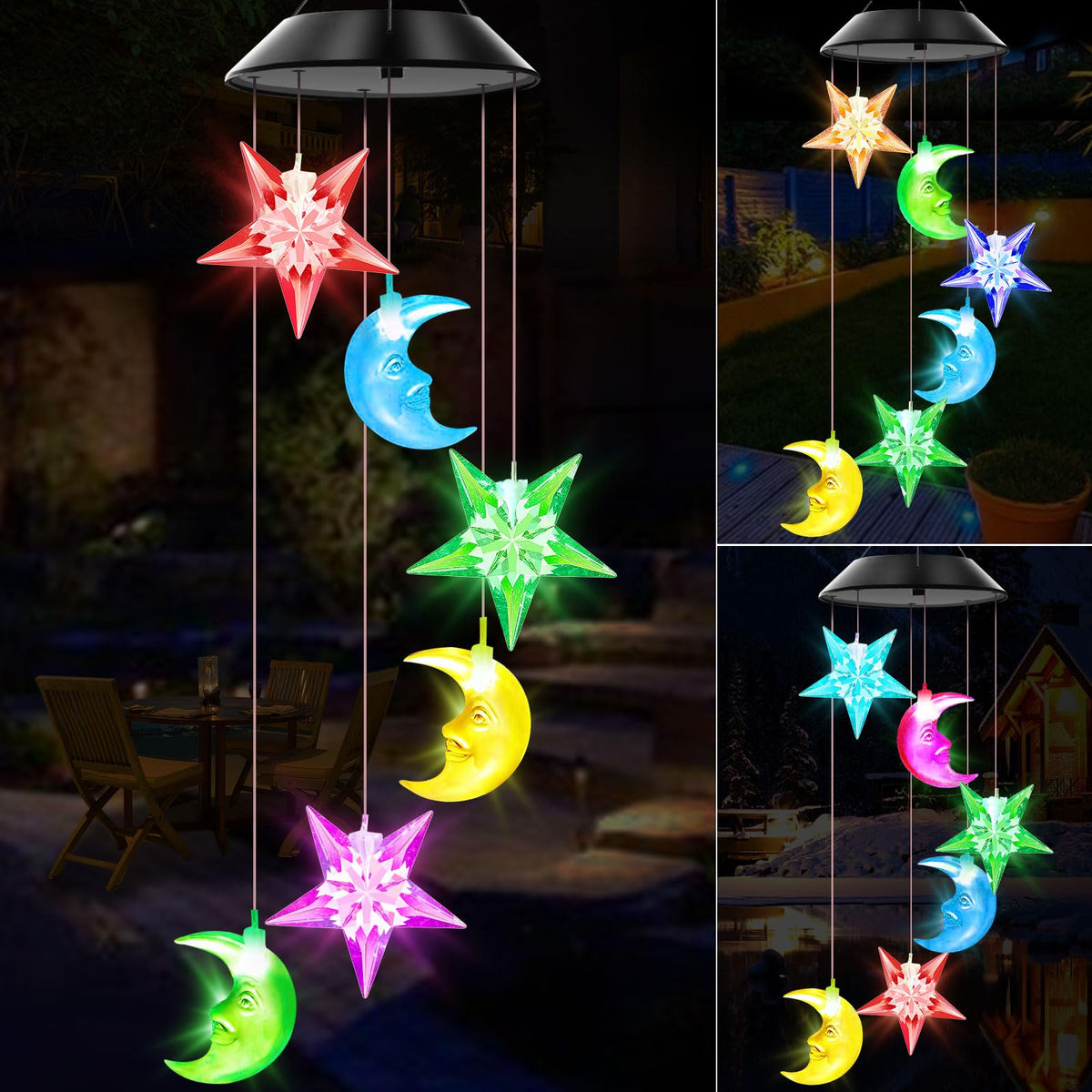 Star and Moon Solar Wind Chimes Color Changing Lights Outdoor
