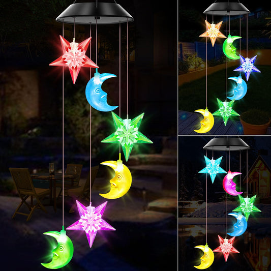 Star and Moon Solar Wind Chimes Color Changing Lights Outdoor