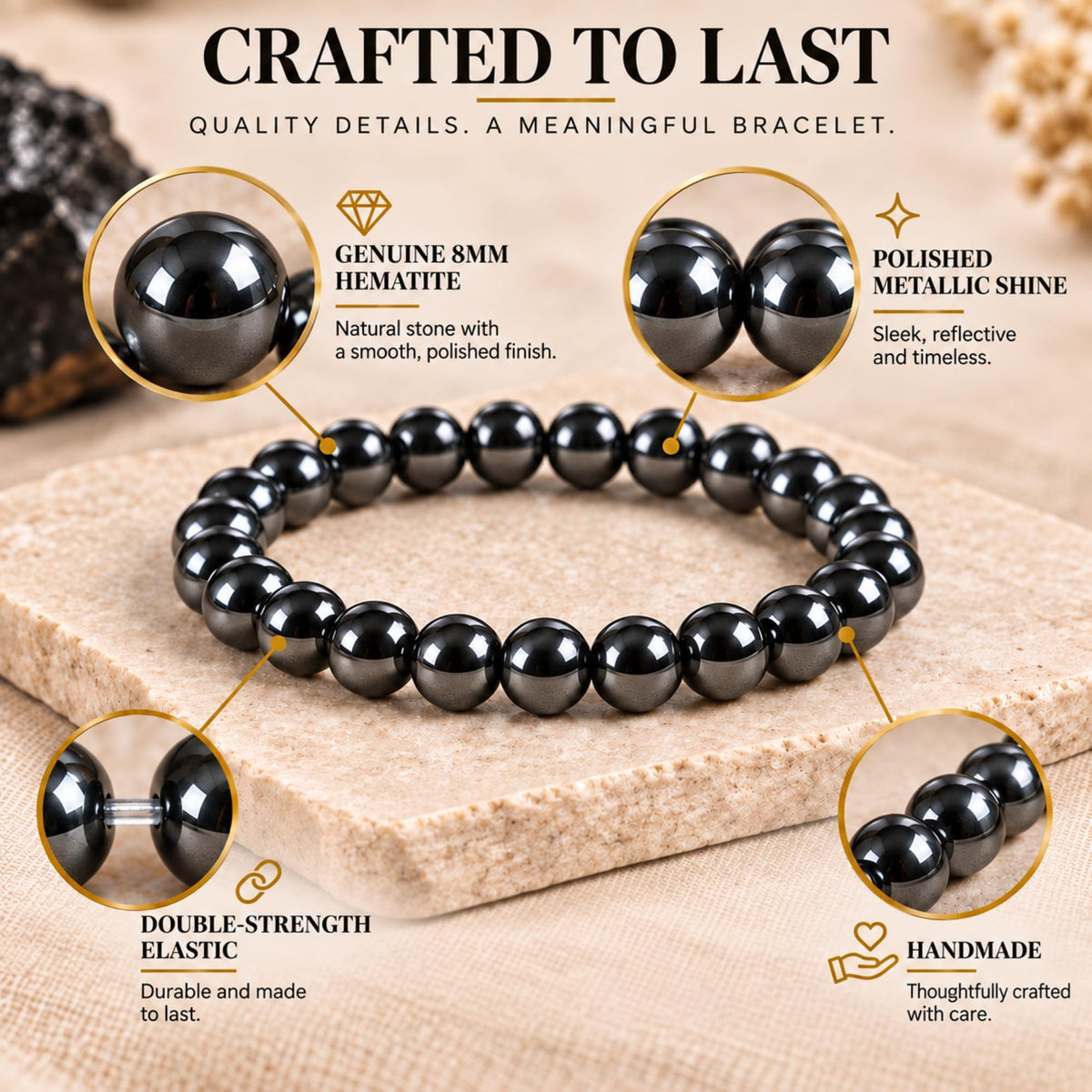 Hematite Bracelet 8mm Beaded Bracelet (Hematite / Large)