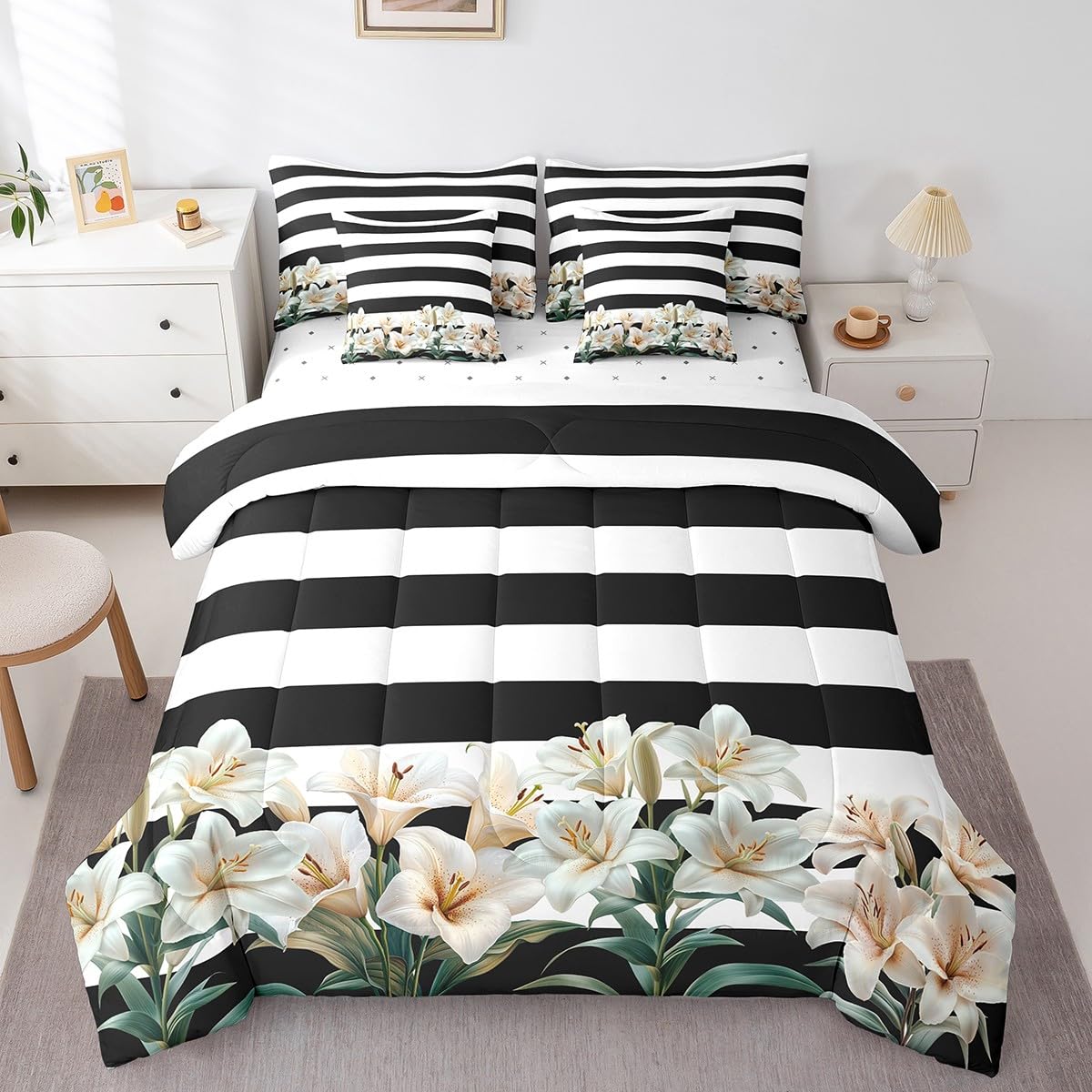 Garden Comforter Set with Sheets Twin Size Kids Flower 7 Piece Bedding Set All Season for Boys Girls Teens Modern Art Bed in A Bag Breathable Soft Lightweight Room Decor (Earth Black Yellow / Twin)