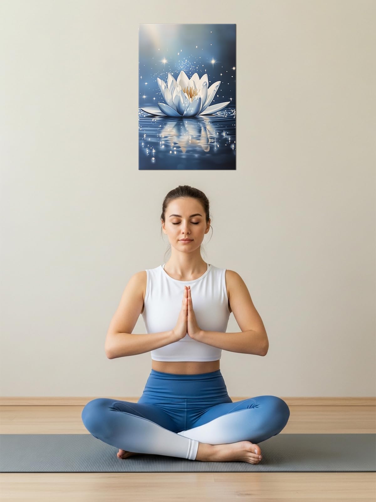 Zen Lotus Flower Wall Art Bathroom Decor Blue Picture Lotus Water Canvas Prints Calm Meditation Painting Modern Poster for Yoga Spa Room Office Home Decor Framed (C-Blue / 24"L x 16"W)