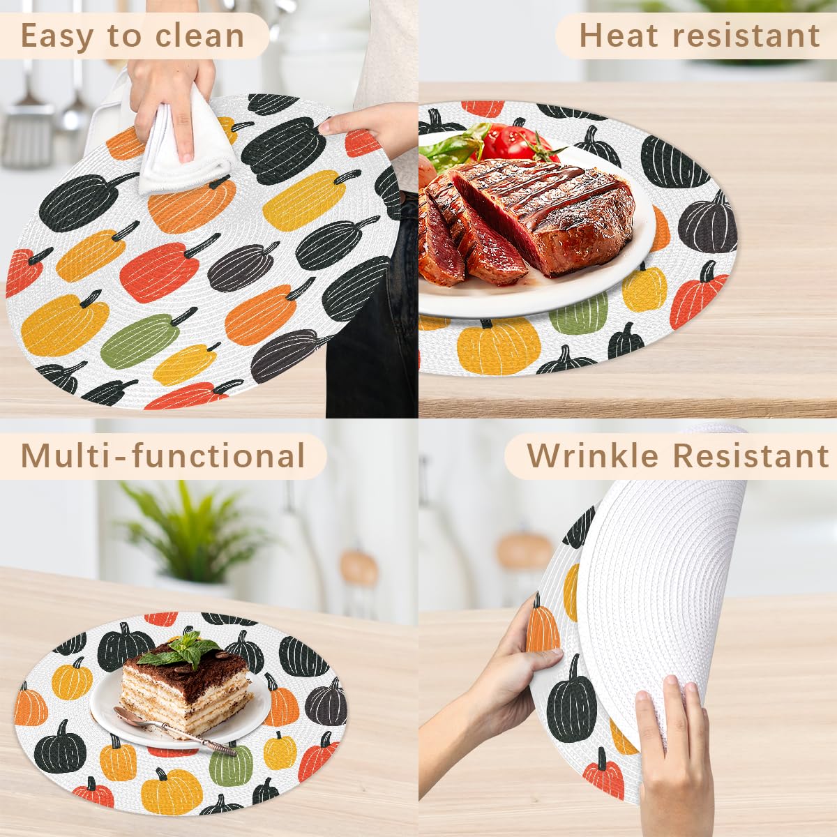 Thanksgiving Cartoon Pumpkin Round Placemats Set of 4 Woven 15 Inch (B 005 / 4 pieces)