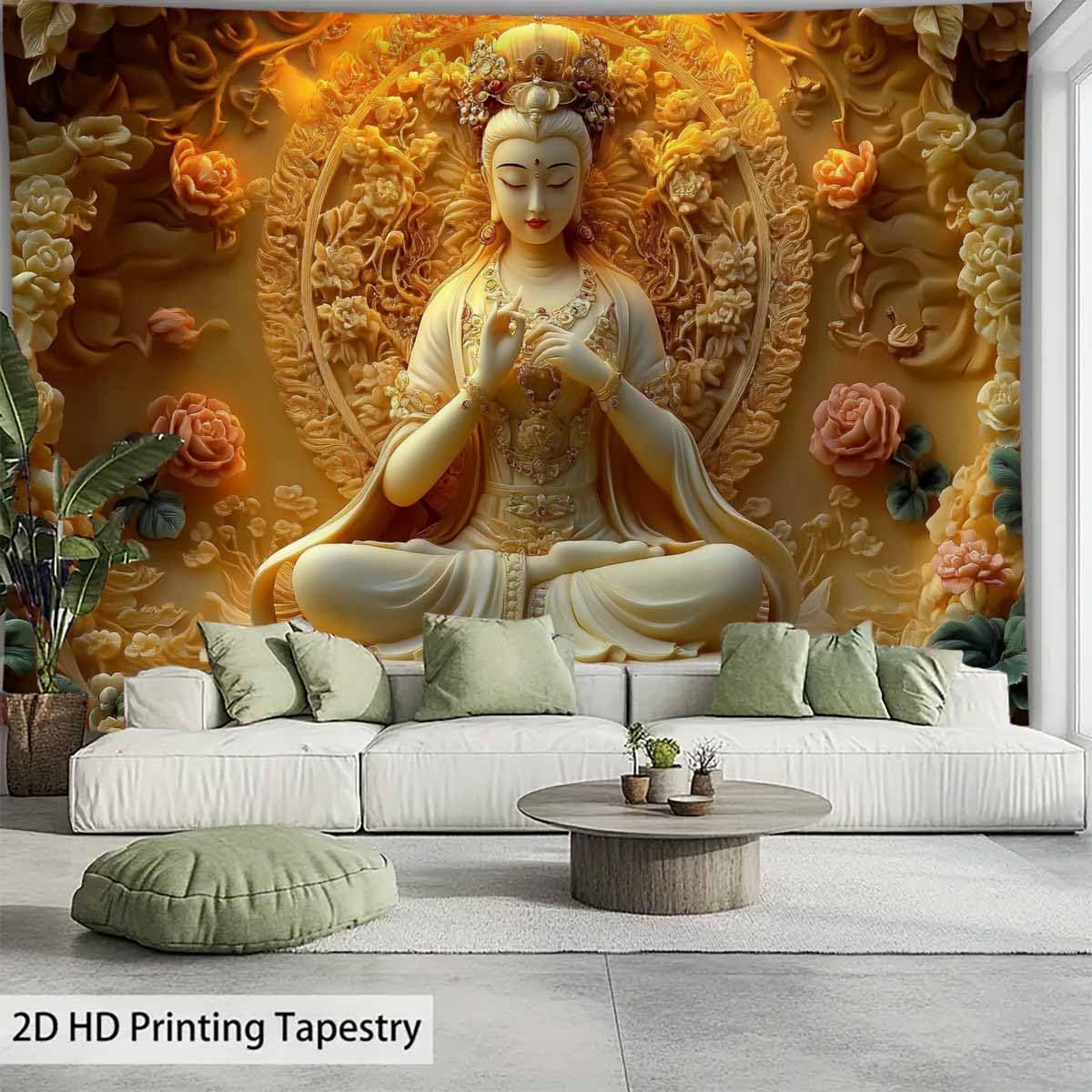 Sitting White Buddha Tapestry Wall Hanging Buddhist Statue With Flower Meditation Wall Decor Zen Art Psychedelic Indian Wall Blanket for Bedroom Living Room Home Decor (White / 90"L x 71"W)